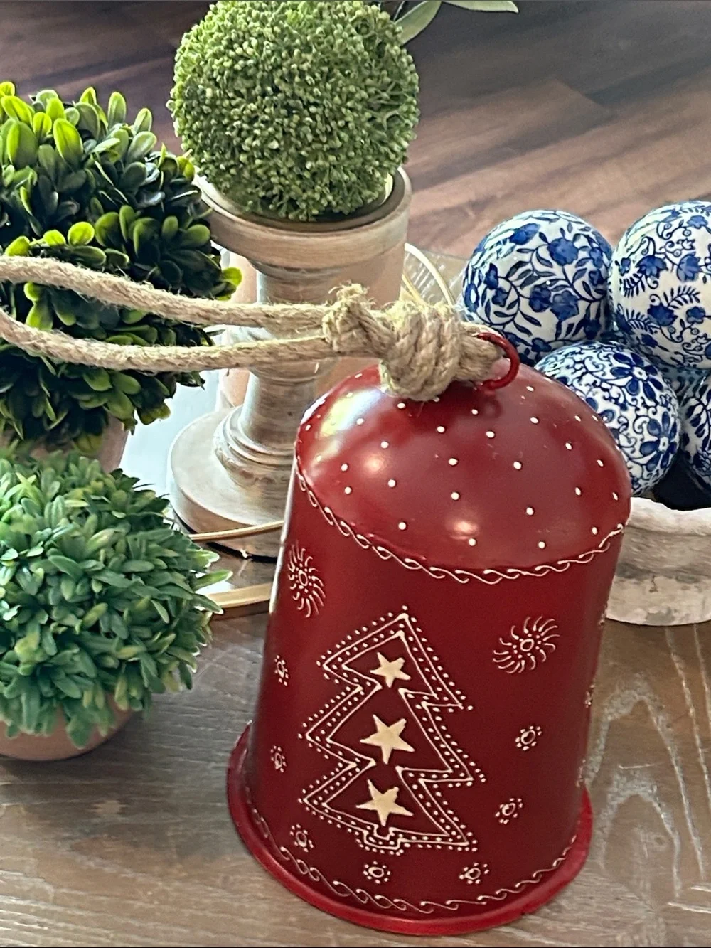 NEW! Vintage Inspired Winter Holiday Red Hand Painted Metal Bell Jute Rope
